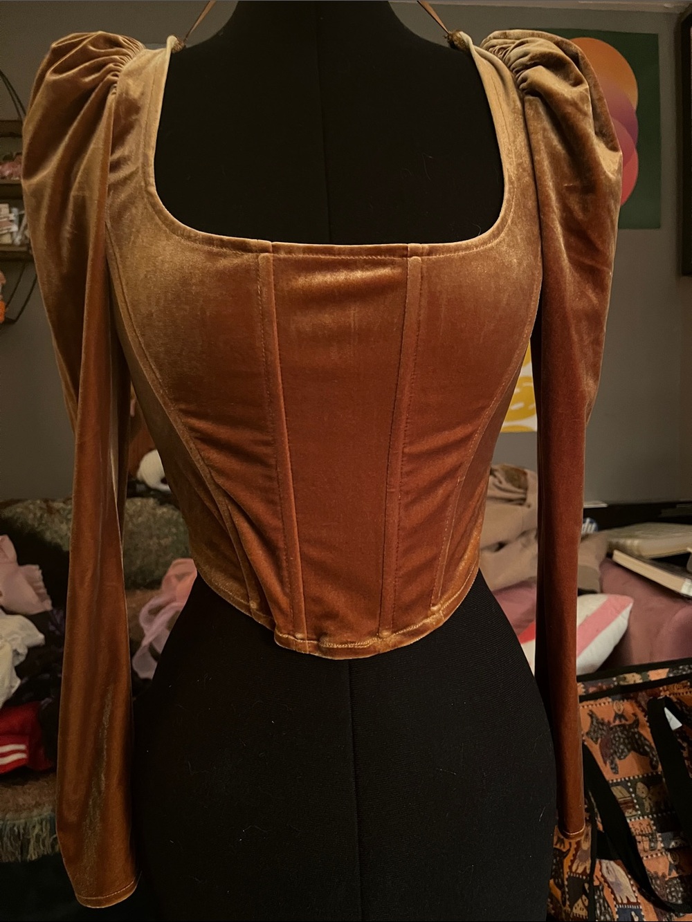 Astr Velvet Corset Puff-Sleeve Crop Top in Burnt Gold